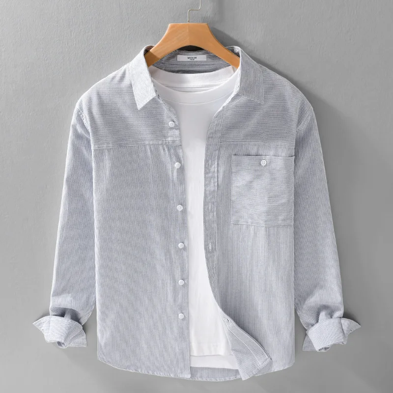 

2025 Spring and Autumn Men's Fashion Classic Oxford Striped Long Sleeve Shirt Casual Loose Versatile Fresh Japanese Shirt