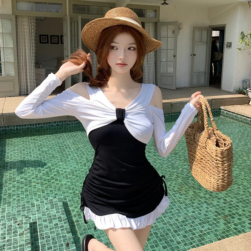 

Sweet Beach Solid Women's Bikini One Piece Tankini Long Sleeve Pleated Hollow Ruffle Female Swimsuit 2024 Summer Trendy Swimwear