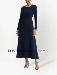 Customized O-Neck Navy Blue Vintage Formal Dress Prom Party T-length Crystals Evening Gowns for Women Formal Bridesmaid Dress