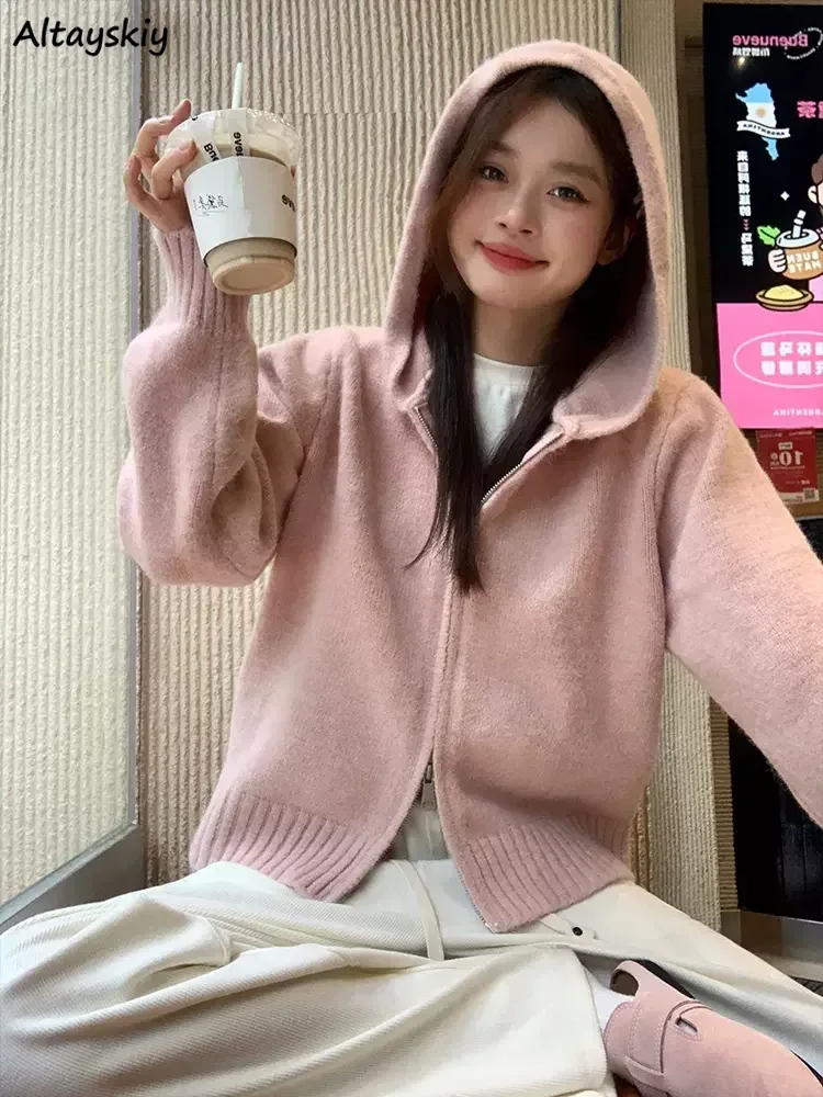 Knitted Jackets Women Autumn Winter Solid Hooded Cardigan Solid Loose Casual All-match Outwear Warm Soft Cozy Pink Kawaii Girls