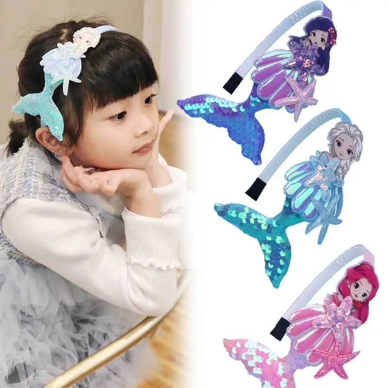 Disney Girls Mermaid Elsa Snow White Princess Hair Bands Figure Cartoon Fish Tail Cute Headdress Baby Princess Series Hair Bands