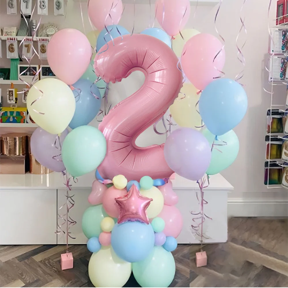 32 Zoll Rosa Zahlen-Folienballons Set Happy Birthday Party Dekorationen für Kinder Mädchen 1-9 Jahre Alt Makronen-Farbige Ballon-Dekoration