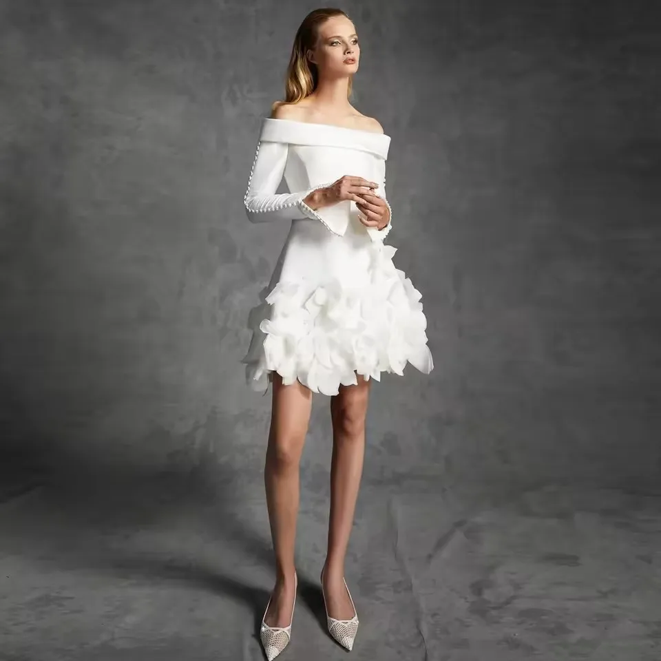 

Exquisite Pure White 3D Flower Short Women Dresses With Pearls Boat Neckline Full Sleeves Mini Bridal Dress