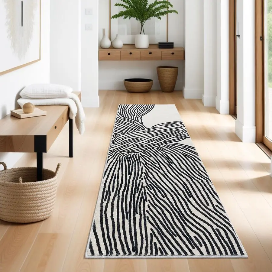 

Modern Hallway Runner Rug, 2x6 Runner Rugs, Black and White Rug Thin NonSlip Washable Rugs, Soft Contemporary Striped Carpet for