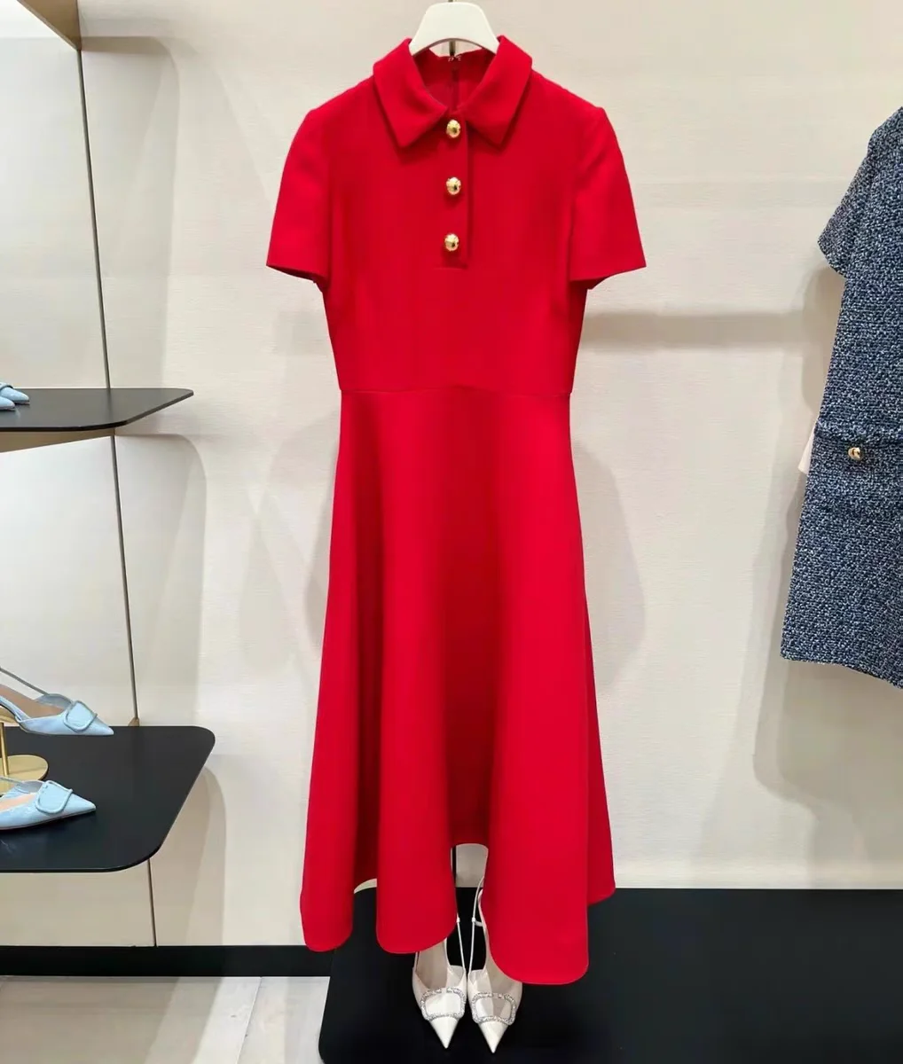 Elegant Long Collar Dress Metal Buckle Design Shoulder Length A-Line Skirt Women's Fashion Spring Autumn High Waist