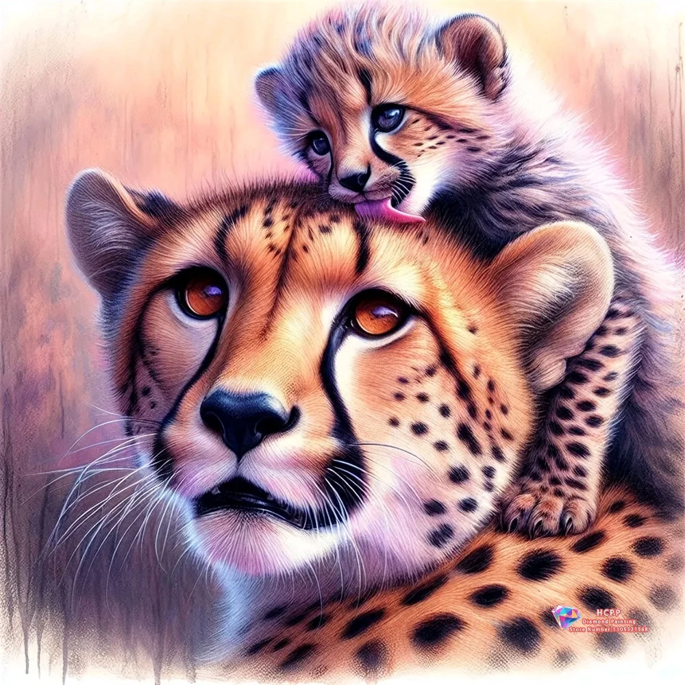 Mother Cheetah with Cub 5D DIY Diamond Painting Set with Square and Round Diamonds Handmade Crafts Home Decor Gifts.