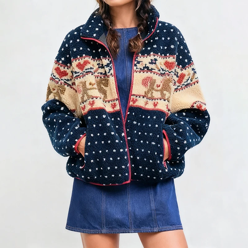 

2025 Christmas Autumn Winter Women's Plush Jacket Snowflake Moose Zipper Long-sleeved Lapel Print Jacket Multicolor With Pockets