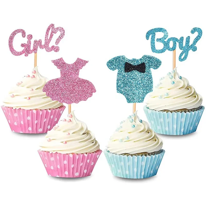 4Pcs Boy or Girl Cupcake Toppers Kids Baby Shower Birthday Glitter Onesie Jumpsuit Gender Reveal Party Cake Decorations Supplies