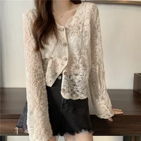 Vintage été dentelle Blouses femmes voir à travers pure à manches longues chemises de soleil Style coréen décontracté Protection solaire Sexy dames hauts 5