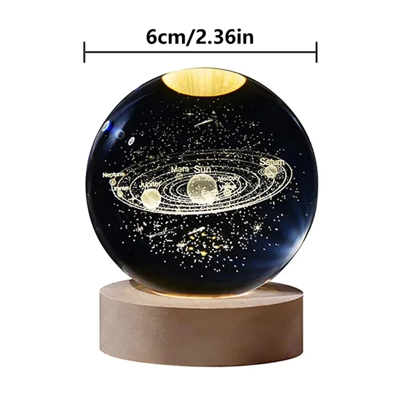 3D Crystal Ball Night Light, Decoração LED, Base de madeira, Sistema Solar, Tema Cósmico, Astronomia Nightlights, Presente de aniversário