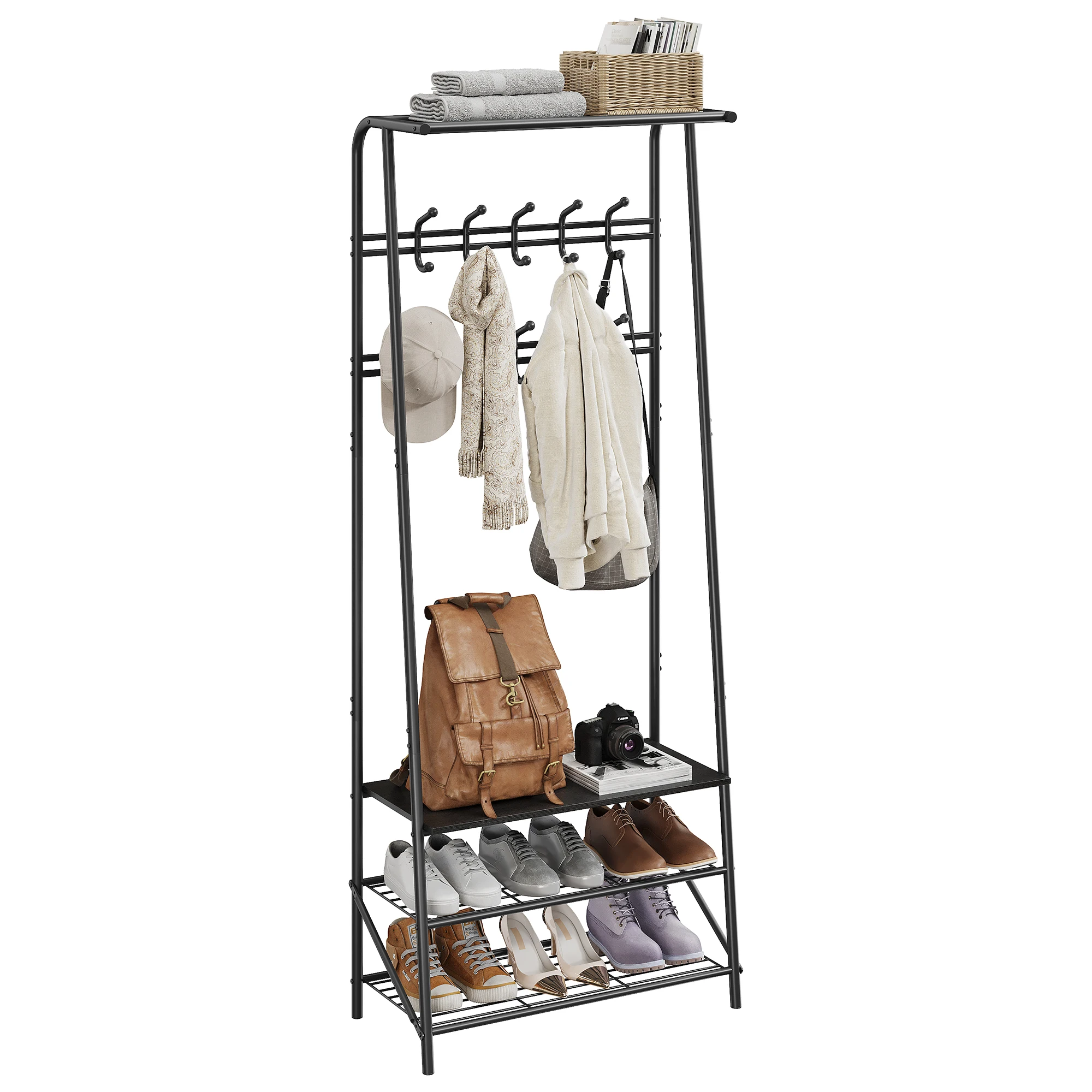 Garderobenständer, 4-in-1-Kleiderständer für den Flur, Schuhbank im Eingangsbereich mit Metallrahmen, 3-stufiges Regal und 10 Haken für den Eingangsbereich, Flur – Detail 8