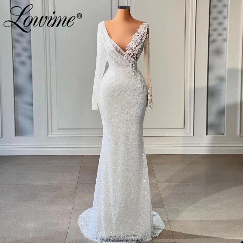 

Lowime Ivory Long Sleeves Beads Evening Dresses Dubai Design Arabic Middle East Women Party Peagent Gowns 2022 Customize V Neck