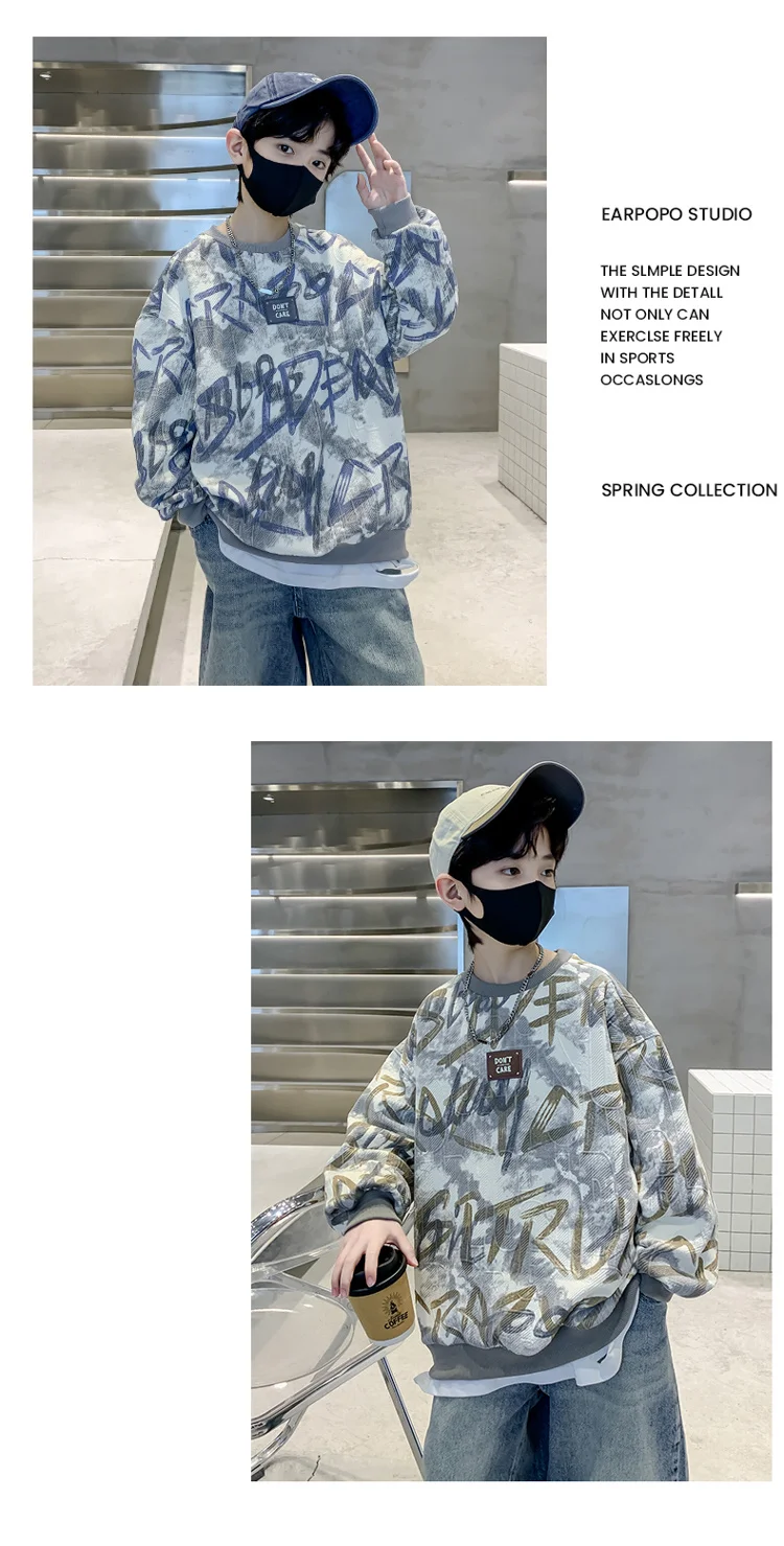 Neues Frühlings-Kinder-Baumwoll-Sweatshirt mit Schriftzug für Jungen, lässiges dickes T-Shirt-Outfit für Kinder im Alter von 5 6 7 8 9 10 11 12 13 14 Jahren. – Detail 6