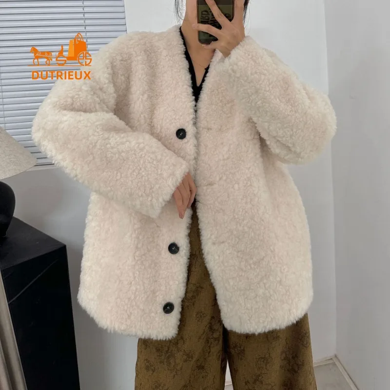 

2025 New Winter Women's V-neck Real Wool Fur Coat, 100% Wool, Fashion Travel Office Warm Real Wool Fur Women's Jacket
