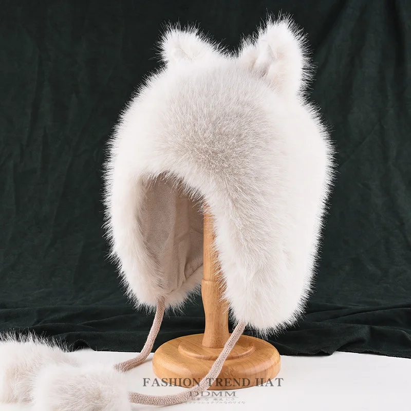 Neue einfache Katzenohren-Lai-Feng-Mütze für Männer und Frauen, koreanische Version, warme Winter-Ohrenschutzmütze, süße und niedliche Plüsch-Bombermütze. – Detail 1