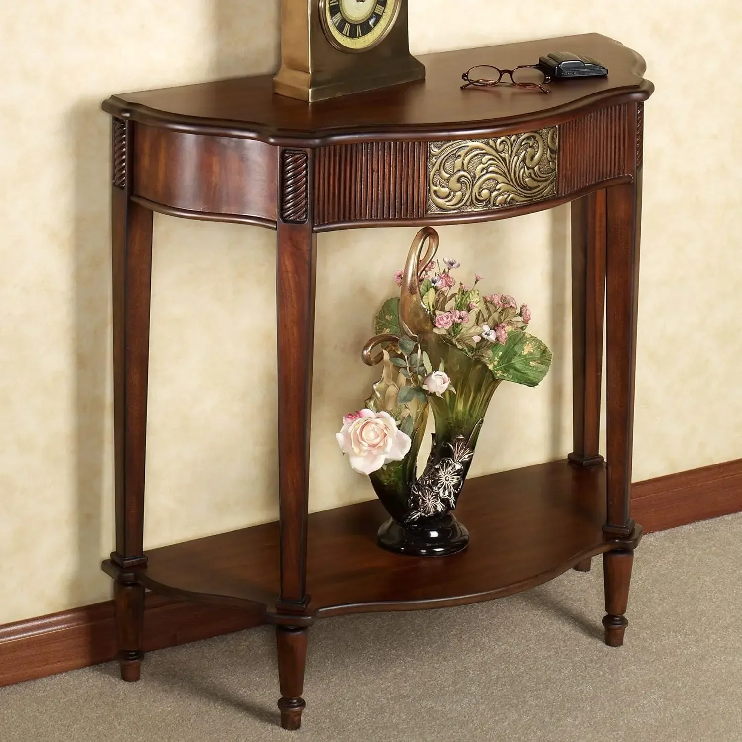 [¡Precio con descuento! ¡Envío gratis! ][Precio con descuento, ¡gran oferta! ]Table consola de madera Arantino - Cerezo natural con oro envejecido Det