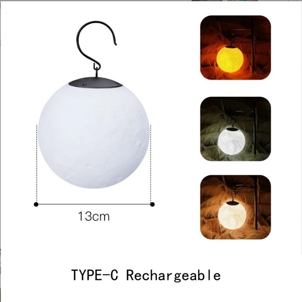 Portable Hanging Moon Lamp Camping Atmosphere Light Type-C Rechargeable Outdoor Garden Holiday Decor Lantern