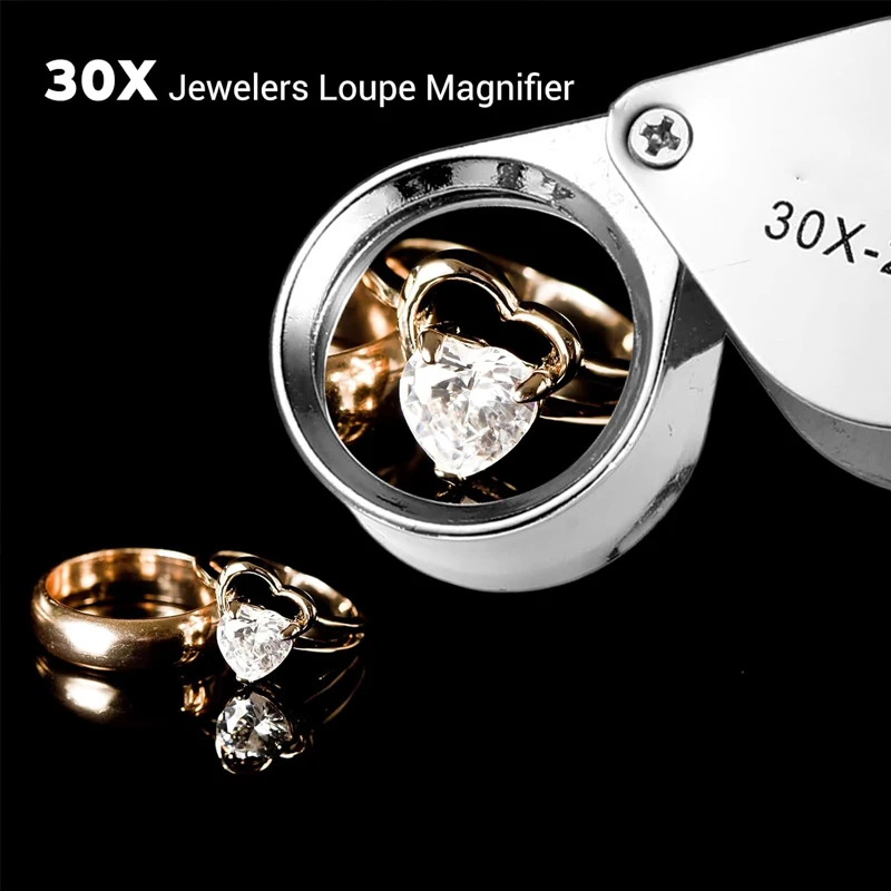 30X Pocket Loupe Magnifier Jewelry Magnifying Glass Foldable Diamond Lupa Triplet Jewelers Eye Metal Tools For Coins Gems Stamps