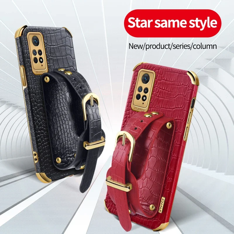 

Crocodile Leather Phone Case Wrist Strap For Redmi Note 11S 11T 11 Pro Plus 4G 5G With Wristband Holder Stand Soft Cover Cases