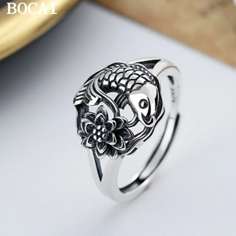 

BOCAI New S925 Pure Silver Jewelry Lotus Fish Child Retro Style Good Luck Koi Ring for Woman