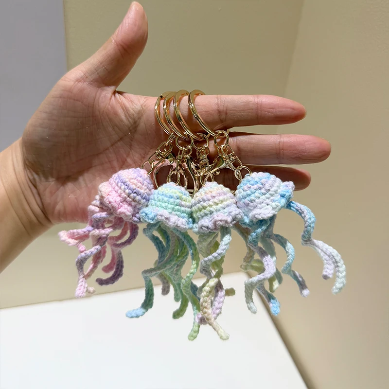 1pc Handmaking Crochet Jellyfish Keychain For Bag Pendant Cute Ocean Series Crochet Keychain Knitted Fish Seal Keyrings Customs