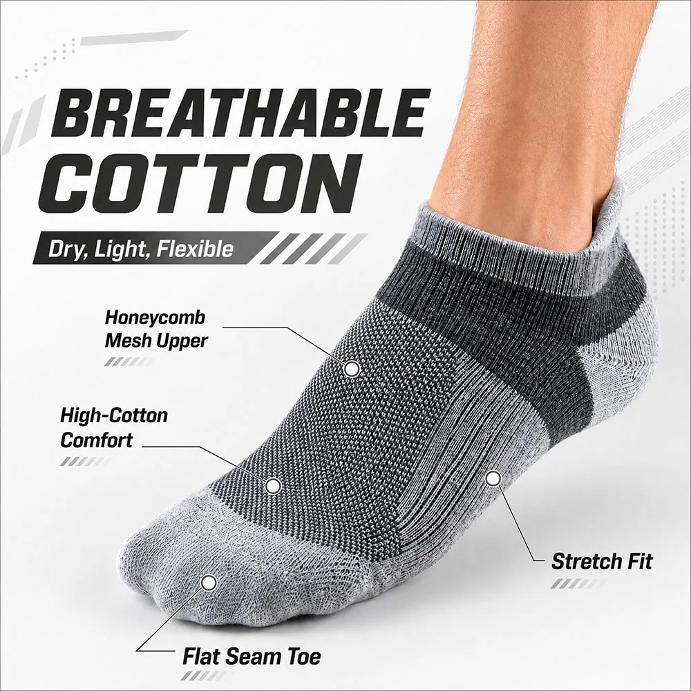 6 Pairs Men's Short Socks Breathable Mesh Cotton Cushioned Lightweight Sports Running Low Cut Non Slip Moisture Wicking Gift