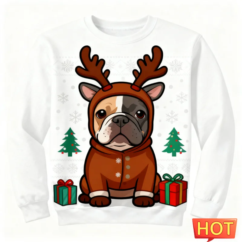 2026 جديد الفرنسية البلدغ الجرافيك القبيح عيد الميلاد سترة موضة لطيف الكلب ثلاثية الأبعاد مطبوعة عيد الميلاد بلوزات فضفاضة تنفس البلوفرات