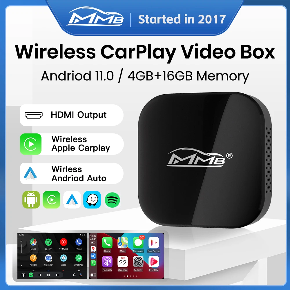 

MMB World First 5 in 1 Wireless CarPlay Adapter Online YouTube Netflix Multimeida Video TV Box for OEM Wired CarPlay HDMI 4G+16G