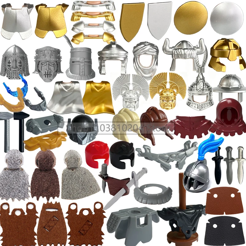 Medieval Building Blocks Soldiers Knights Figure Accessories Capes Helmets Spears Armor Mask Farmer Hat Axe Bricks Gift Toys E12