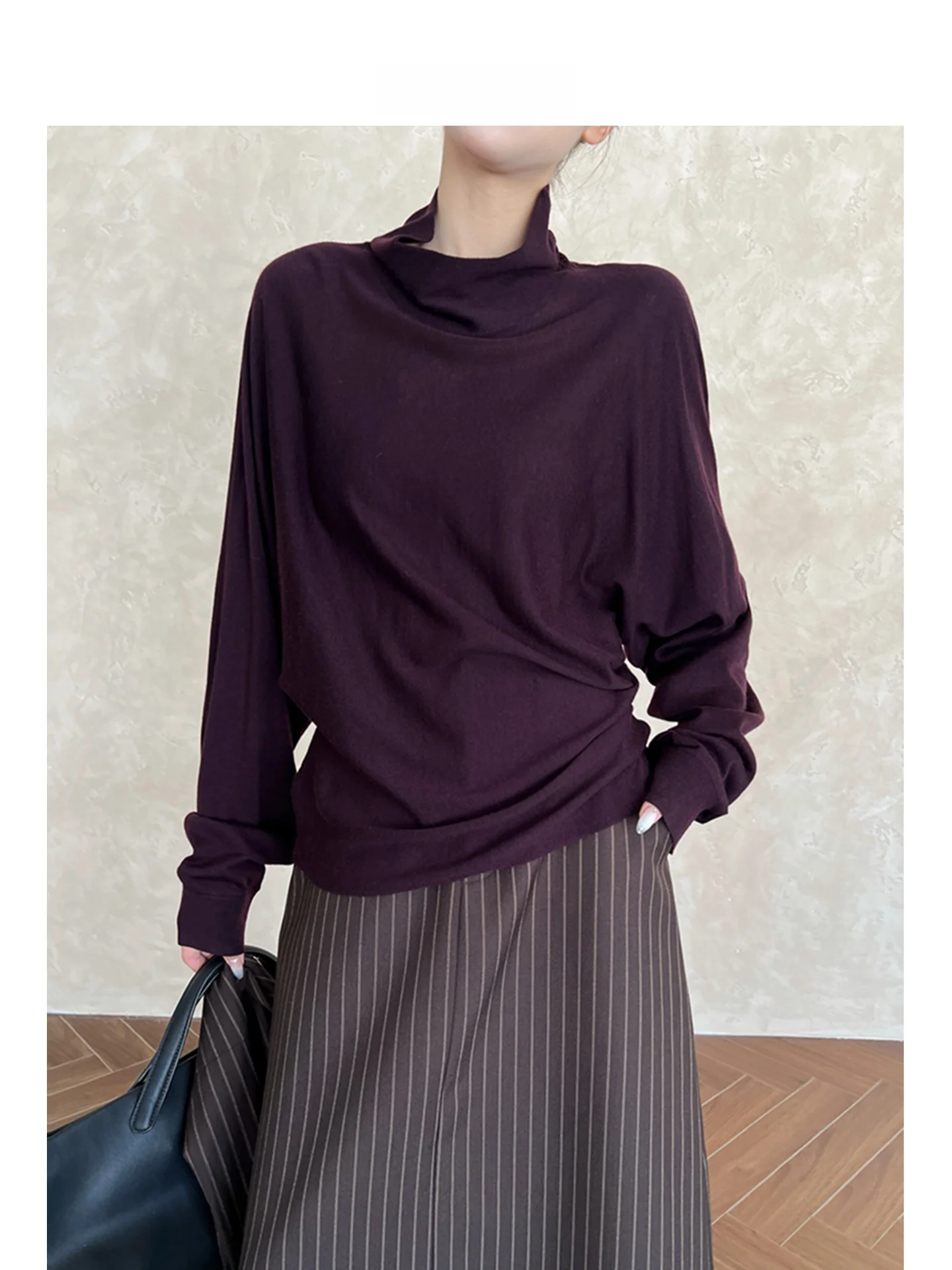 

Свободный женский длинный свитер с высоким воротником, рукавами «летучая мышь», вязаный, повседневный, из смесового полиэстера, модный