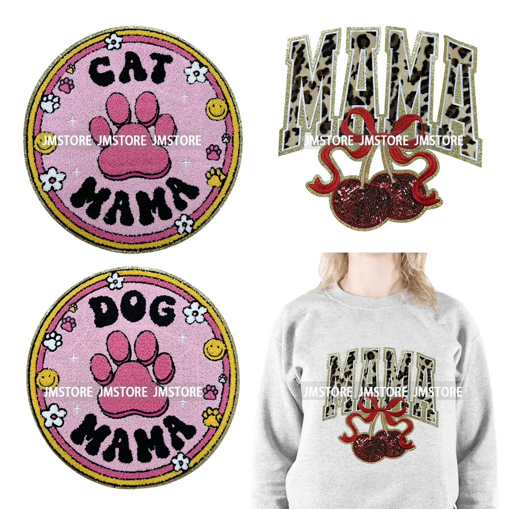 

Pink Dog Cat Mama Love Coquette Mother's Day Mom Life Iron on Heat Press Chenille Patches for Sweatshirts Bags