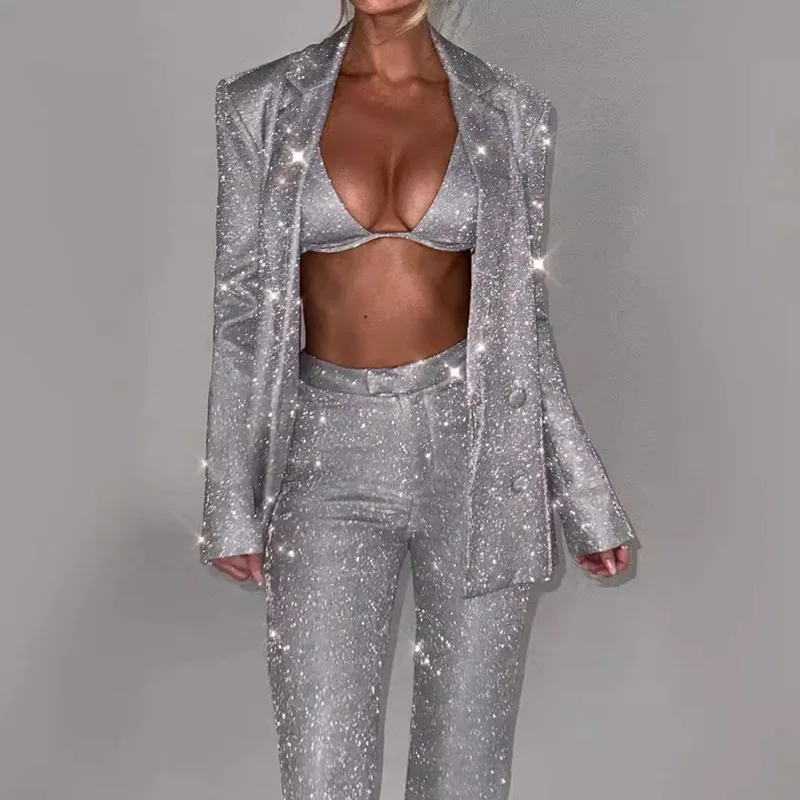 Nightclub Shiny Glitter Suit Long Pants Bra Top Festival Rave Outfit for Women Party Gogo Dancer Singer Costume Kpop Stage Wear