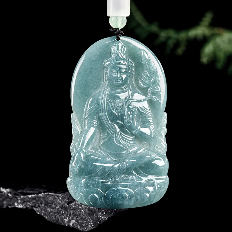 

Natural Real Emerald Blue Water Mahasthamaprapta Pendant Myanmar Jadeite Necklace Jewelry Designer Luxury Vintage Talismans
