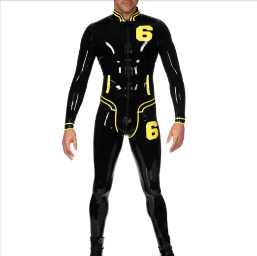 

Latex Rubber High comfort Men's black Jumpsuit yellow decorative role-playing party racing uniform hand customized 0.4mm XS-XXL