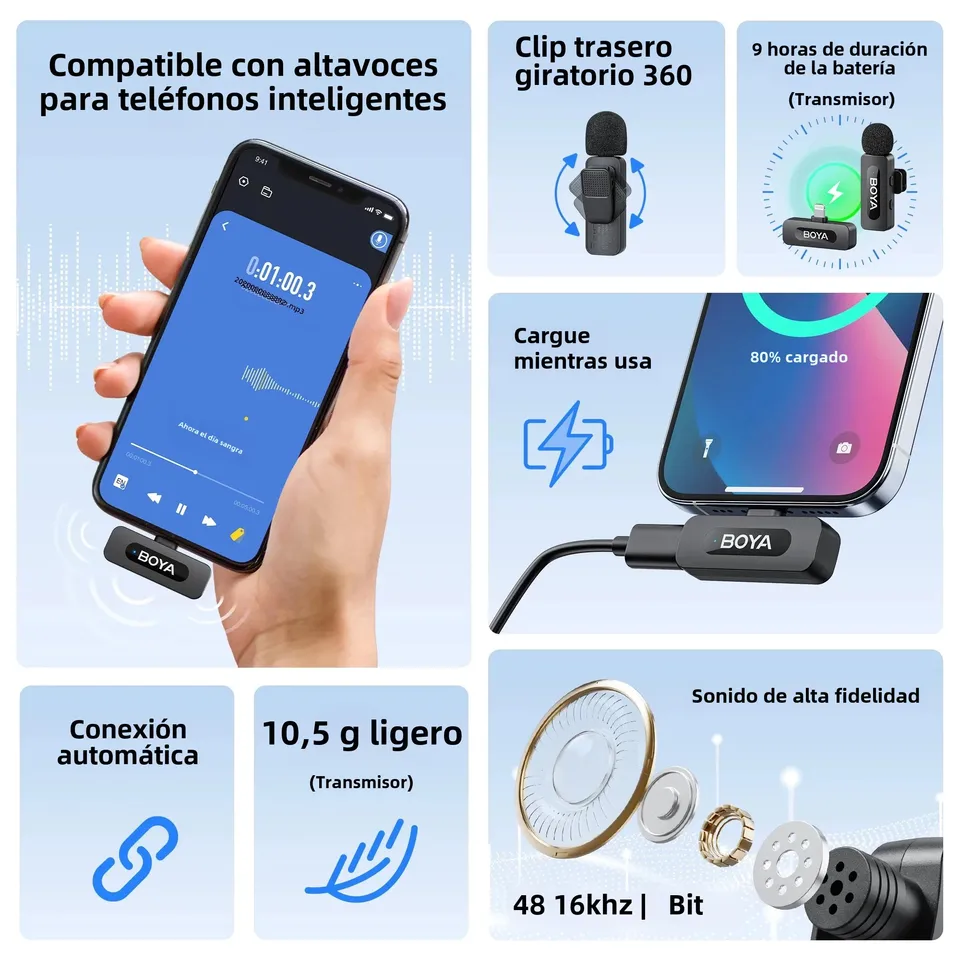 Micrófono de solapa inalámbrico BOYA BY-V3 con cancelación de ruido y recargable para iPhone Android, cámaras, streaming y vlogs 3
