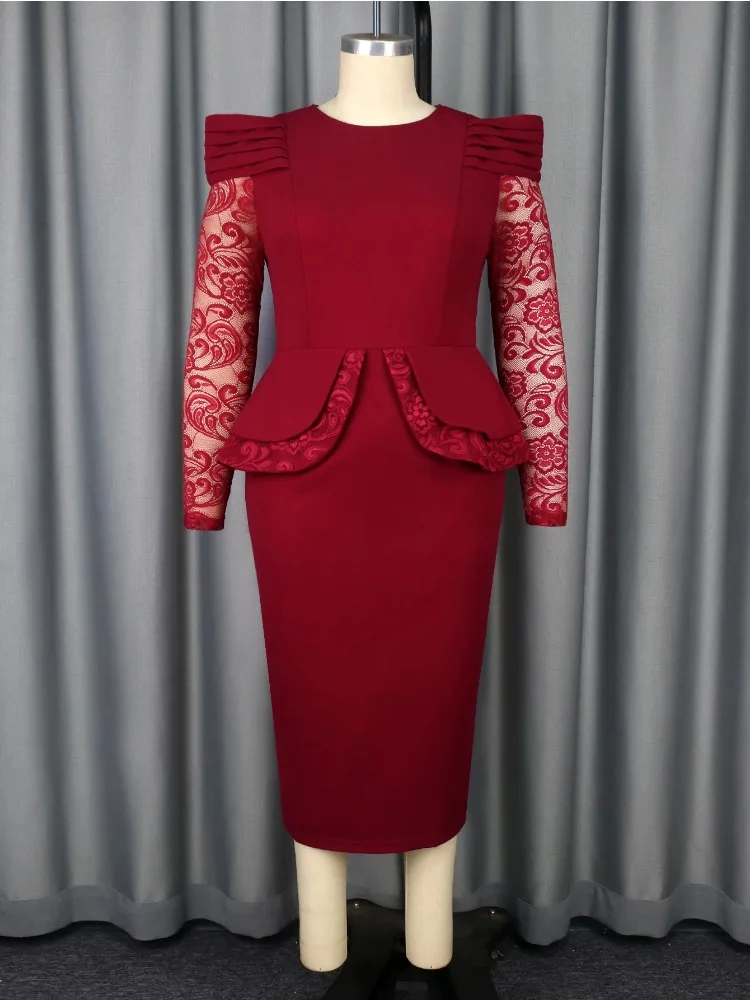 Elegant Wine Red Lace Patchwork Long Sleeve Commuter Dress for Women Slim Fit Office Wear Spring Dresses Fashion Style