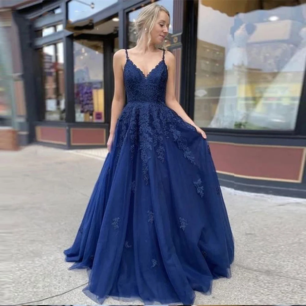 Lace Navy Blue V-neck Vestidos De Fiesta De Noche Prom Party Evening Dresses Robe De Soiree Gown Frock Long Soft Tulle Lace-up