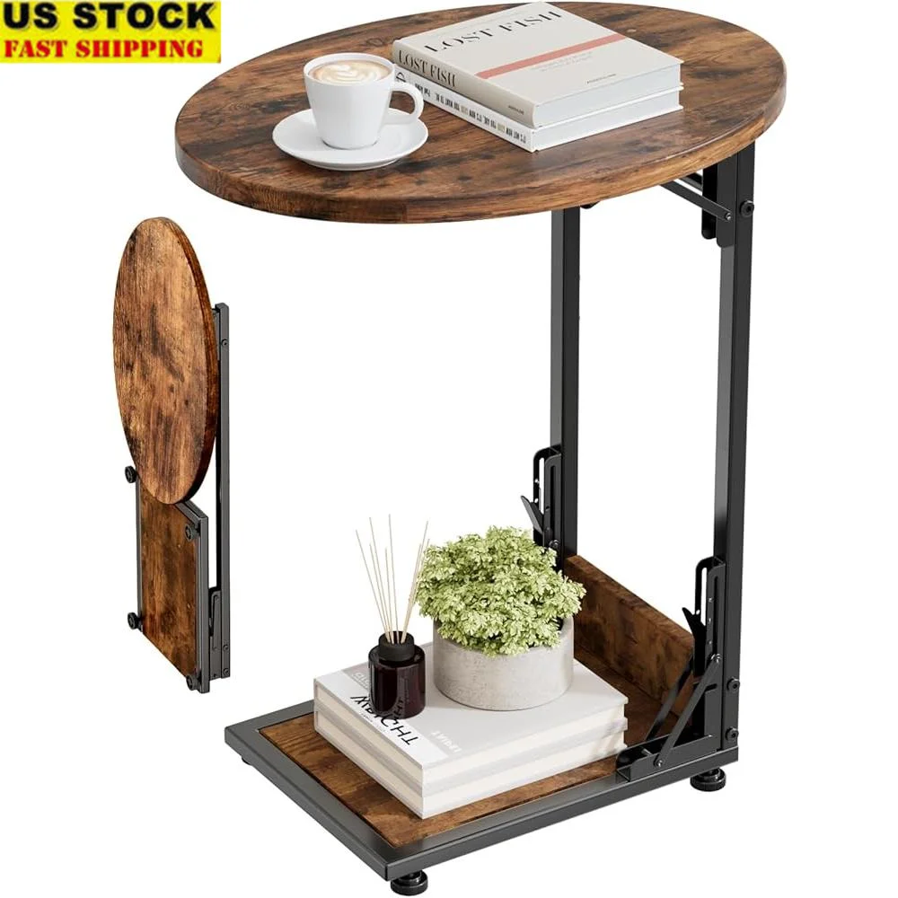 

Folding C-Shaped Side Table Metal Frame Small Space Sofa End Table Living Room Bedroom Coffee Table Adjustable Feet