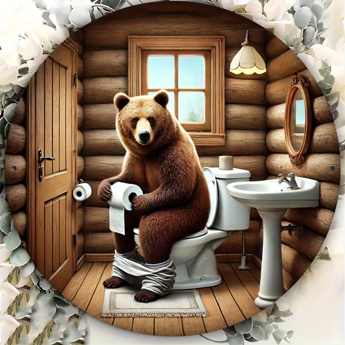 Funny Bear Toilet Metal Wall Art Round Aluminum Bathroom Decor Waterproof