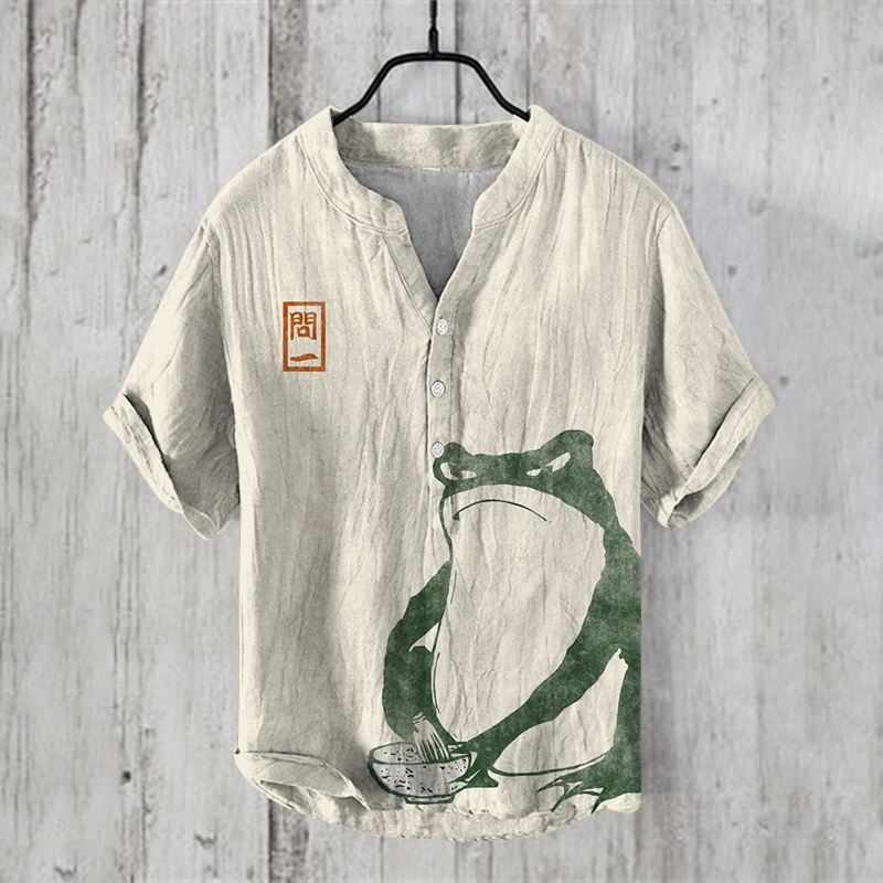 

New 2024 summer fashion Man Casual v-neck Shirt short Sleeve Band Collar Henley Shirt art illustration print Tops