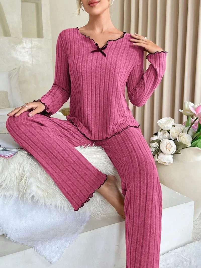 Damska jesienno-zimowa bielizna nocna Prążkowany zestaw piżam z długim rękawem i długimi spodniami 2-częściowy zestaw Casual Homewear Loungewear