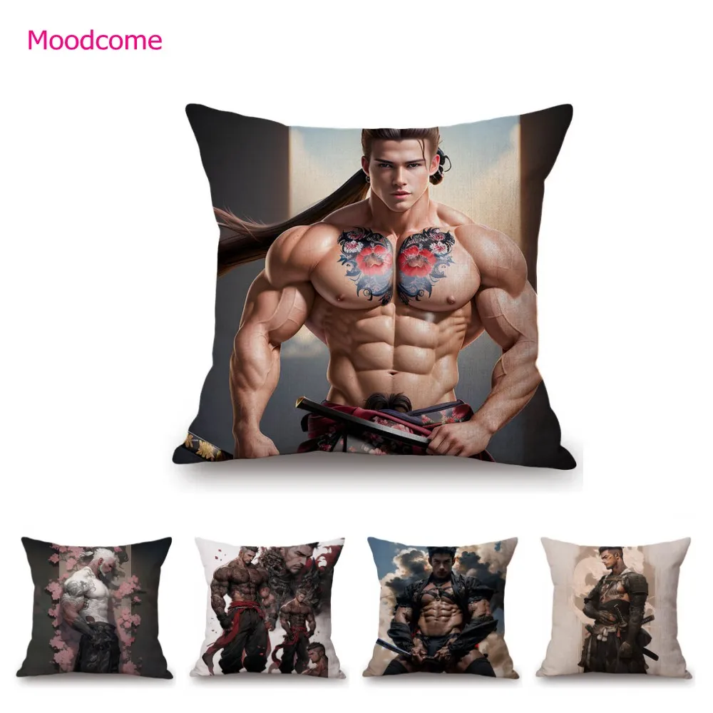 Sexy Ninja hombre gimnasio cuerpo guerrero juego de dibujos animados héroe Hormona novio Hot Dude algodón Lino sofá funda de almohada decoración funda de cojín