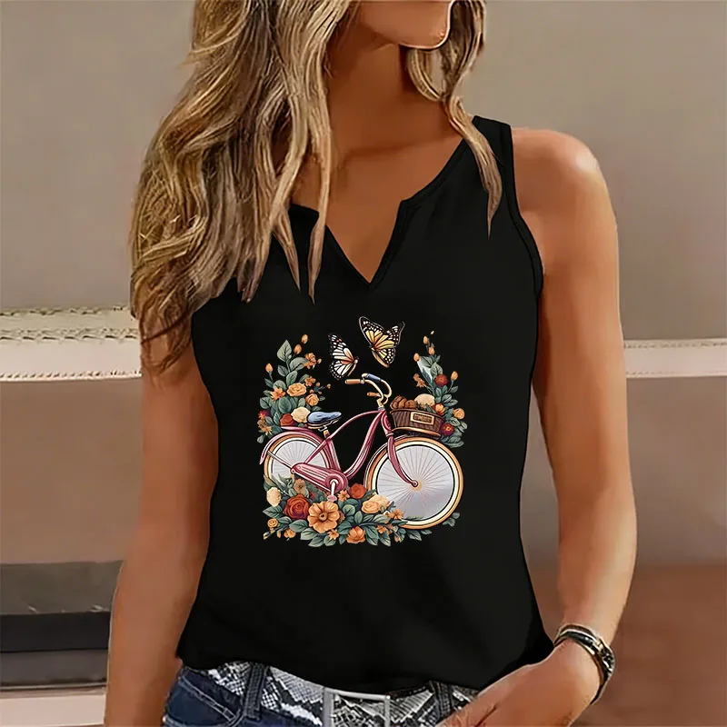 Summer Sleeveless Tank Top T-shirt V Neck Retro Floral Butterfly with Bicycle Vest T Shirts Women Funny Tee Shirt V-Neck