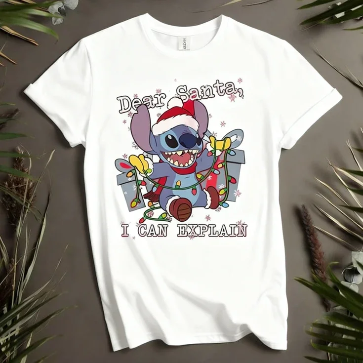 

Adorable Lilo & Stitch Christmas Dear Santa Claus, I Can Explain T-shirt Unisex Cotton All-season Bottoming Shirt