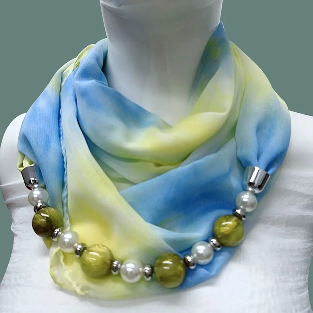 Chiffon Material Chiffon Scarf Classic Sun Protection Pearl Bead Chain Neck Scarf Windproof Beach Scarf Women's