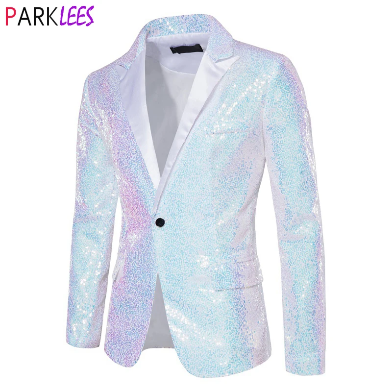 Shiny White Sequin Glitter Blazer for Men One Button Peak Collar Tuxedo Jacket Mens Wedding Groom Party Prom Stage Costume Homme