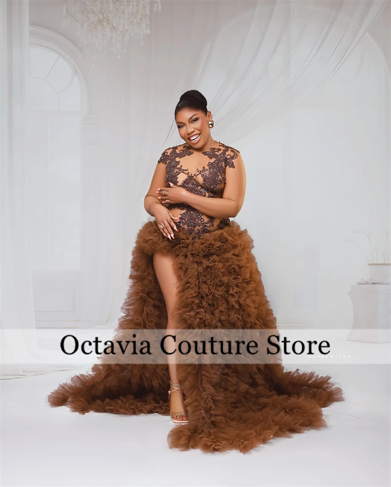 Brown O N Long Prom Dresses For Black Girls Bead Appliques 2024 Birthday Luxury Dress Ruffles Evening Gown With Split Customized