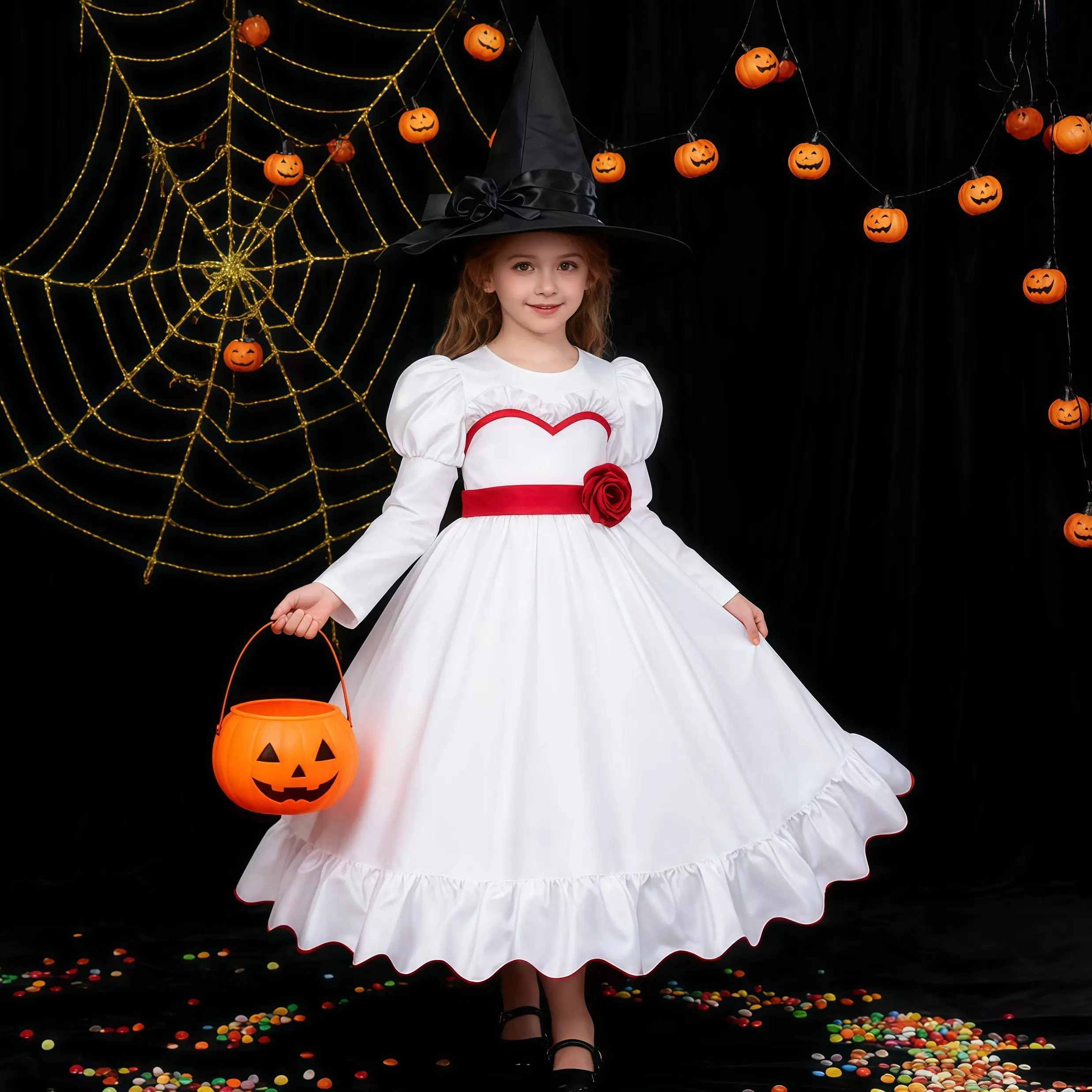 

Костюм призрака из фильма ужасов, детское длинное белое платье с поясом розы для девочек, карнавальная одежда Annabel для вечеринки на Хэллоуин