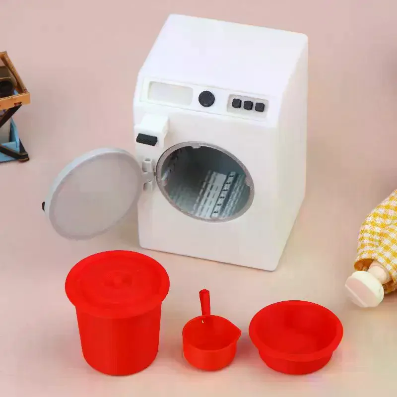 Miniature Laundry Set 1 Washing Machine with Bucket and Basin Dollhouse Tiny Laundry Room Decor for Pretend Play Scene