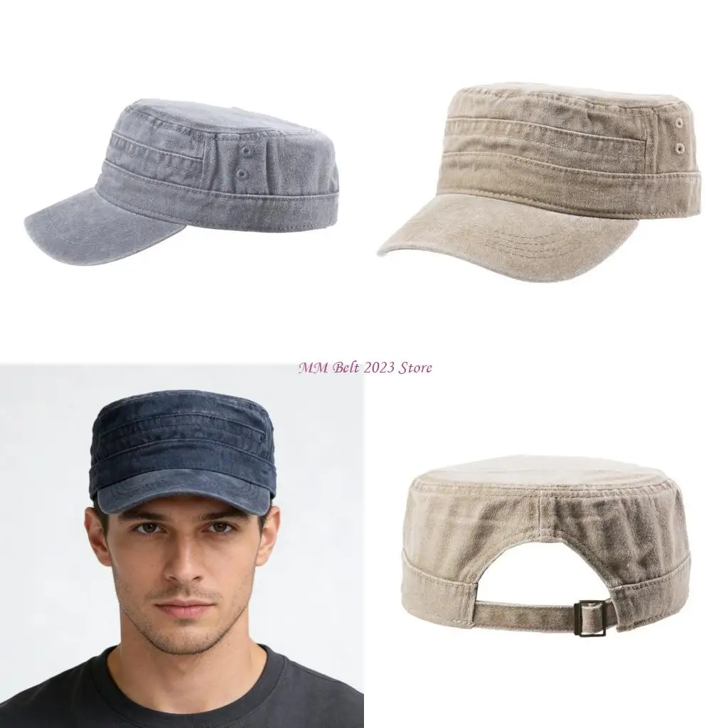 49ME Wash Cotton Distressed Flat Cap Adjustable Size Cricket Hat for Men Women Unisex